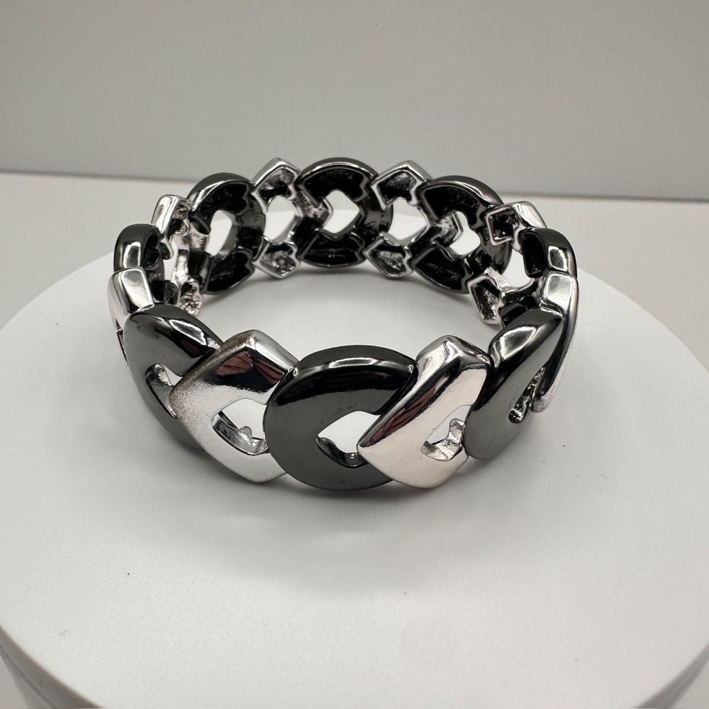 Vintage 90s Two Tone Silver Gunmetal Curb Link Stretch Bracelet Women's Jewelry